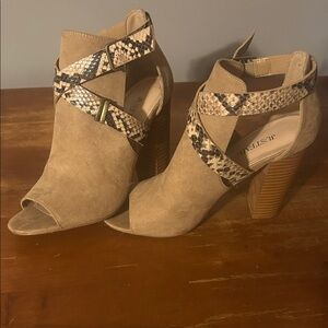 JustFab Tan Peep-Toe Heeled Sandals